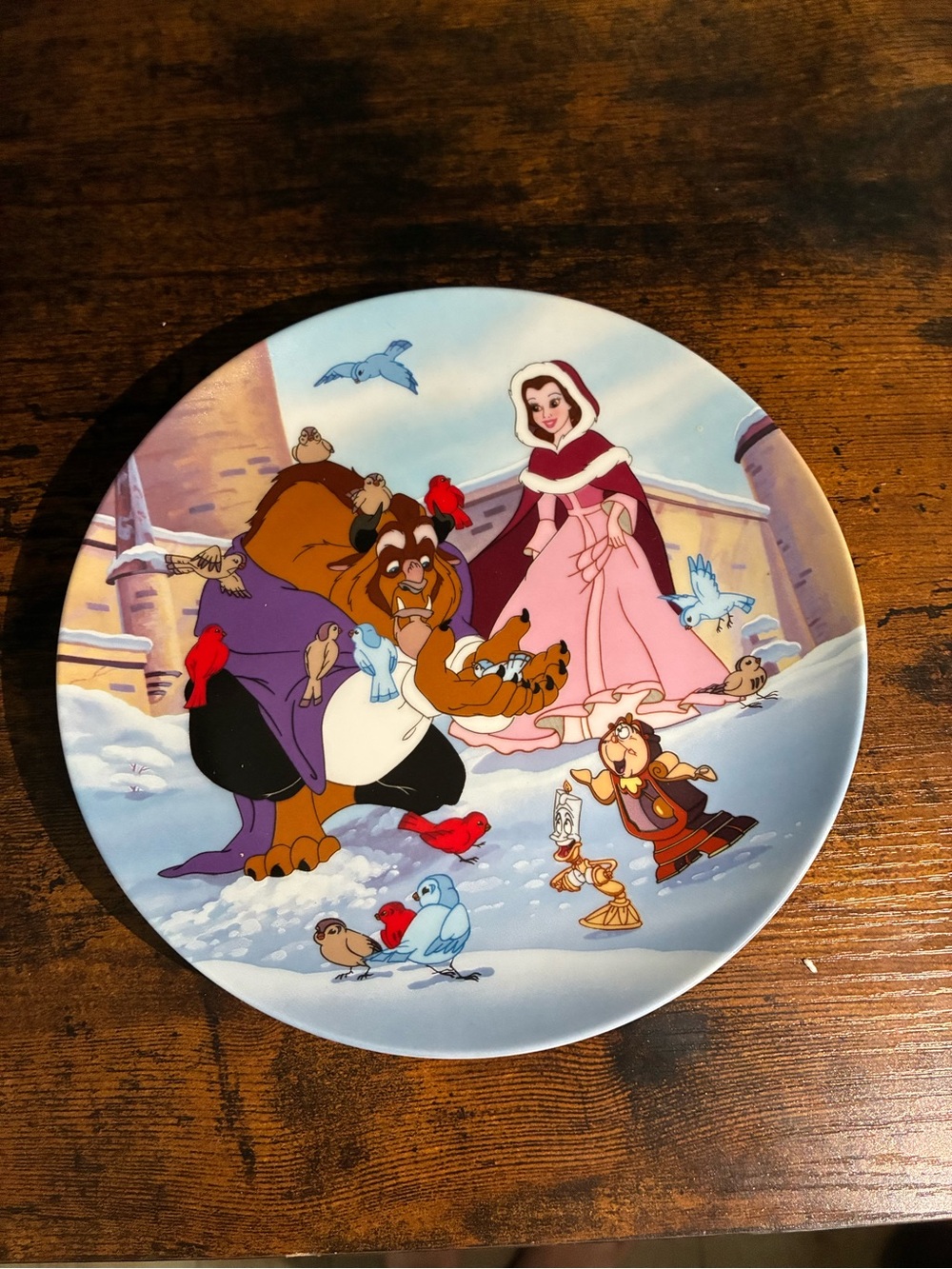 Beauty and the Beast Decorative Wall Plate - Pink & Blue Holiday Scene